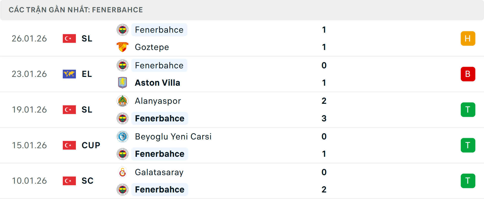 Phong độ Fenerbahce 5 trận gần nhất