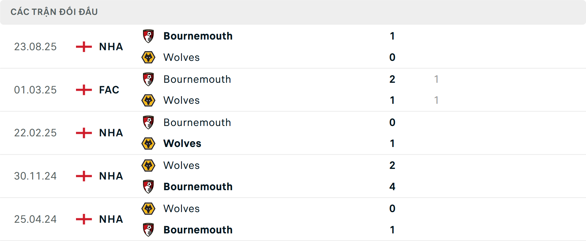 Lịch sử đối đầu Wolves vs Bournemouth