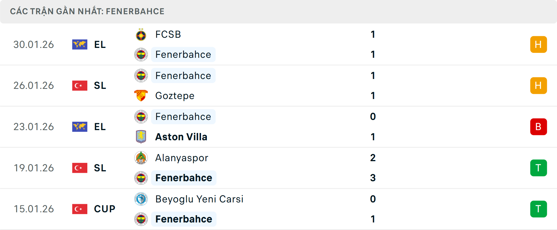 Phong độ Fenerbahce 5 trận gần nhất