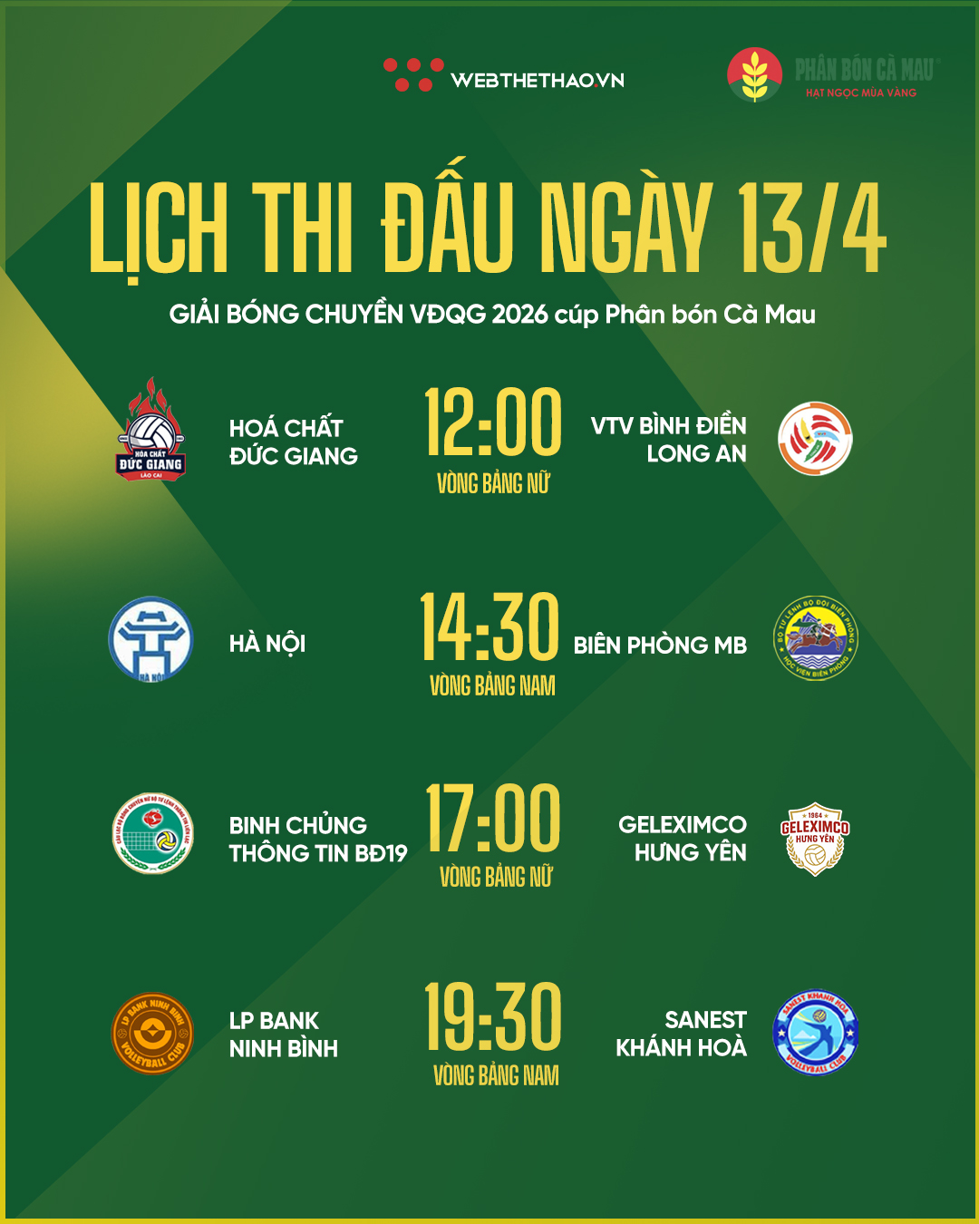 Lịch thi đấu b&oacute;ng chuyền VĐQG 2026 ng&agrave;y 13/4: T&acirc;m điểm đại chiến đương kim v&ocirc; địch