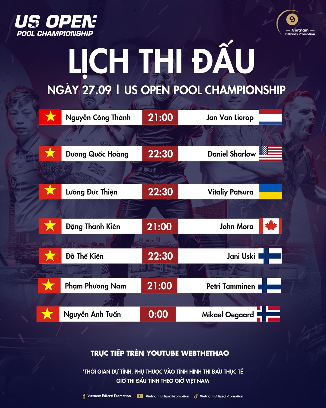 Trực tiếp Billiards US Open 2023 ngày 27/9: Hoàng Sao và những người bạn đều thắng? bil usopen 2709 Trực tiếp Billiards US Open 2023 ngày 27/9: Hoàng Sao và những người bạn đều thắng?