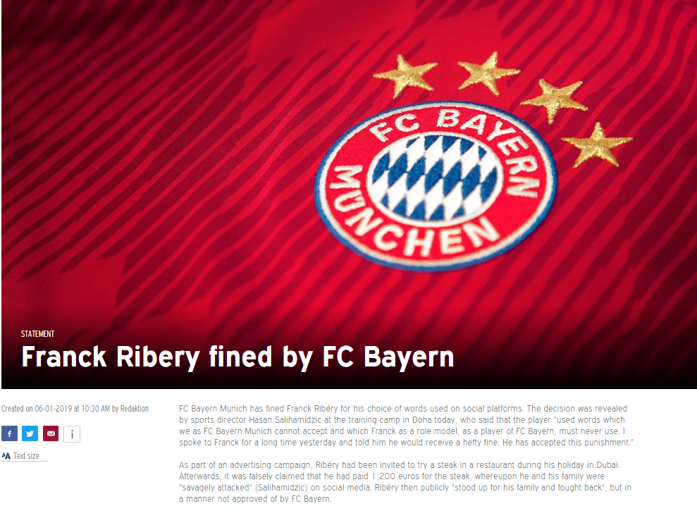 Franck Ribery nhận án phạt nặng từ Bayern vì chửi NHM sau khi bị chỉ trích ăn bít tết bọc vàng