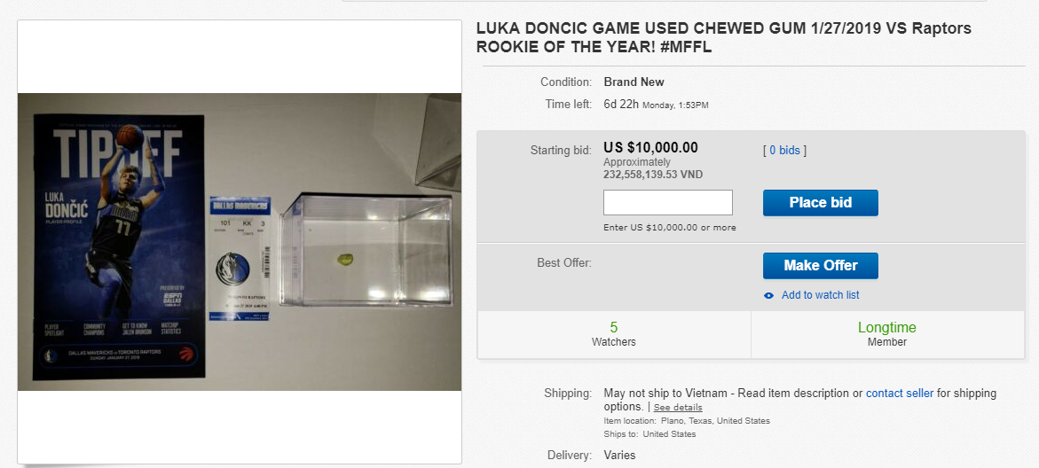 Hậu All-Star, fan đăng bán kẹo cao su đã nhai của Luka Doncic với giá hơn 230 triệu đồng