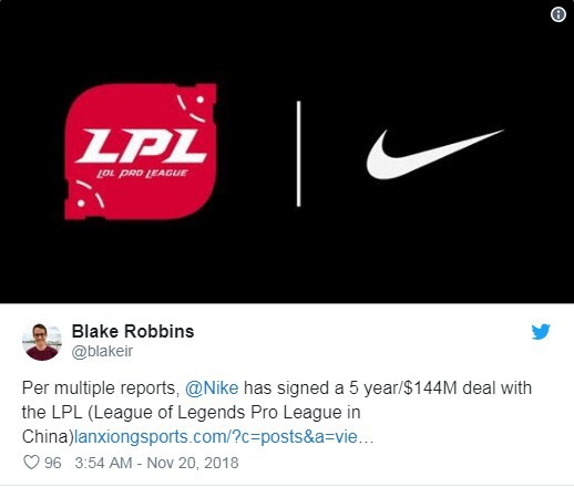 Nike chính thức là nhà tài trợ của Liên đoàn huyền thoại Trung Quốc (LPL)