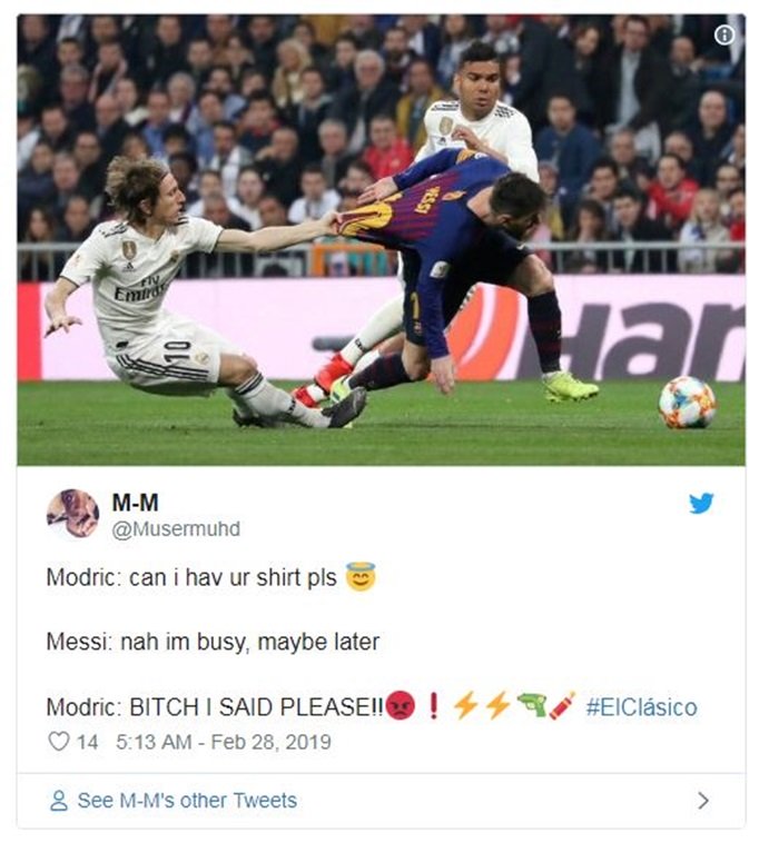 Modric bị troll sấp mặt vì hành vi thô thiển với Messi ở Siêu kinh điển
