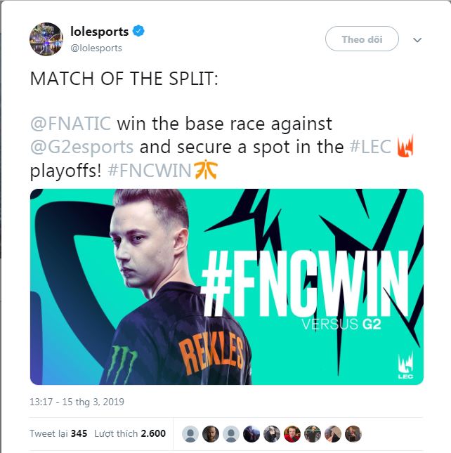 Fnatic đã bại G2 Esports chính thức giành tấm vé đi tiếp vào vòng playoff LEC Mùa Xuân 2019