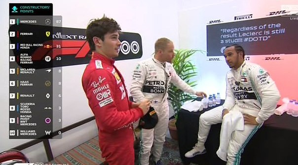 Lewis Hamilton an ủi Charles Leclerc sau chặng đua Bahrain Grand Prix