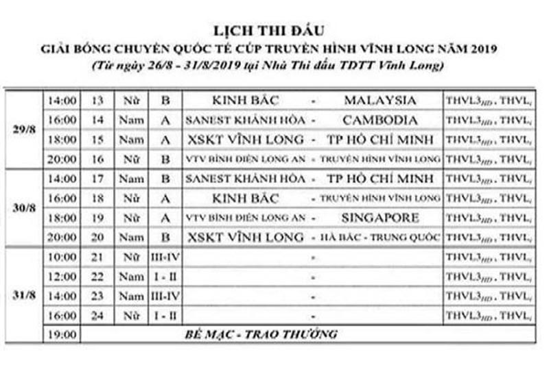 Lịch thi đấu ngày 29/8 bóng chuyền Cúp THVL 2019: ĐKVĐ TP.HCM vs XSKT Vĩnh Long