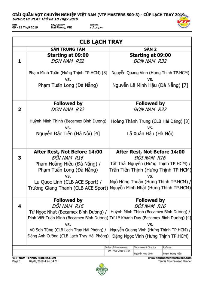 Lịch thi đấu ngày 10/9 Giải quần vợt VTF Masters 500 -3: Phạm Minh Tuấn ra quân