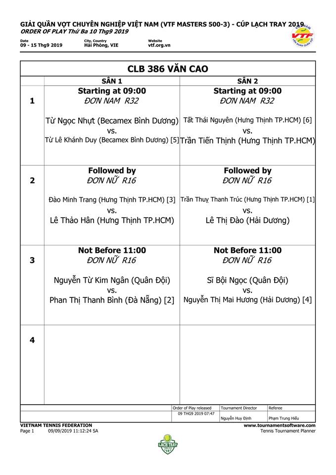 Lịch thi đấu ngày 10/9 Giải quần vợt VTF Masters 500 -3: Phạm Minh Tuấn ra quân