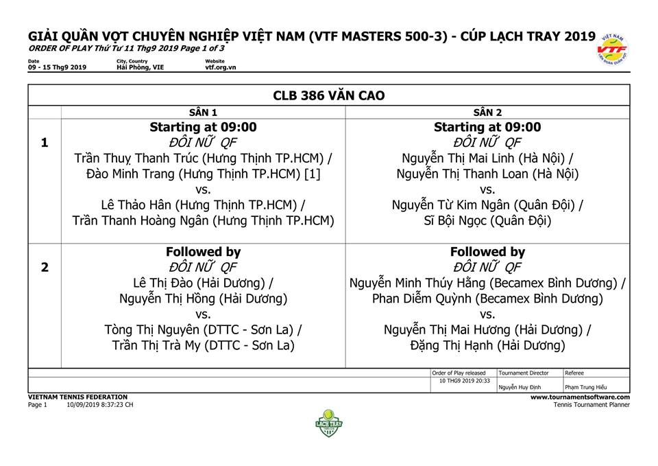 Lịch thi đấu ngày 11/9 Giải quần vợt VTF Masters 500 -3: Lý Hoàng Nam xuất trận