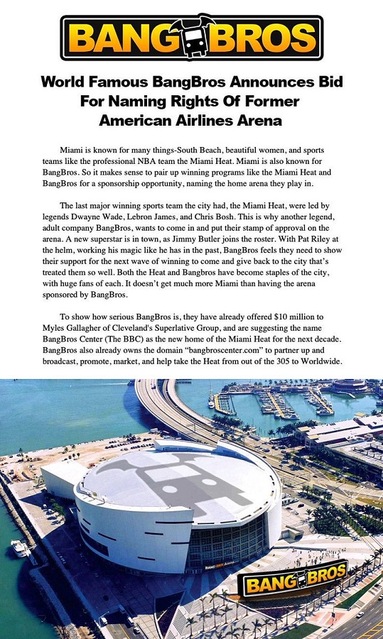 Hãng phim người lớn được đặt cho tên sân của Miami Heat?
