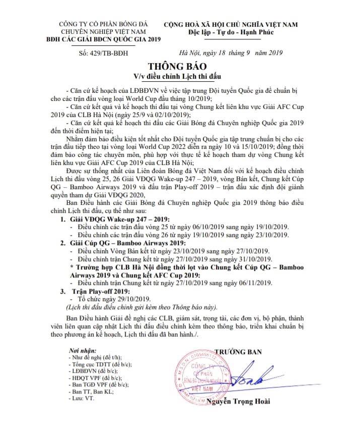 Vì ĐT Việt Nam, VPF chính thức điều chỉnh lịch thi đấu giai đoạn cuối mùa