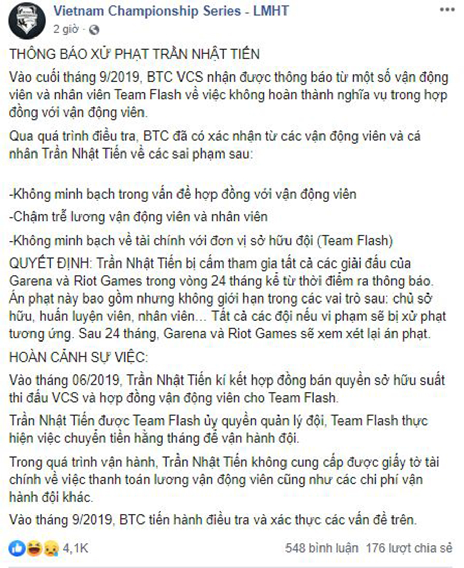 Chủ cũ team SGD Trần Nhật Tiến chính thức bị BTC VCS xử phạt