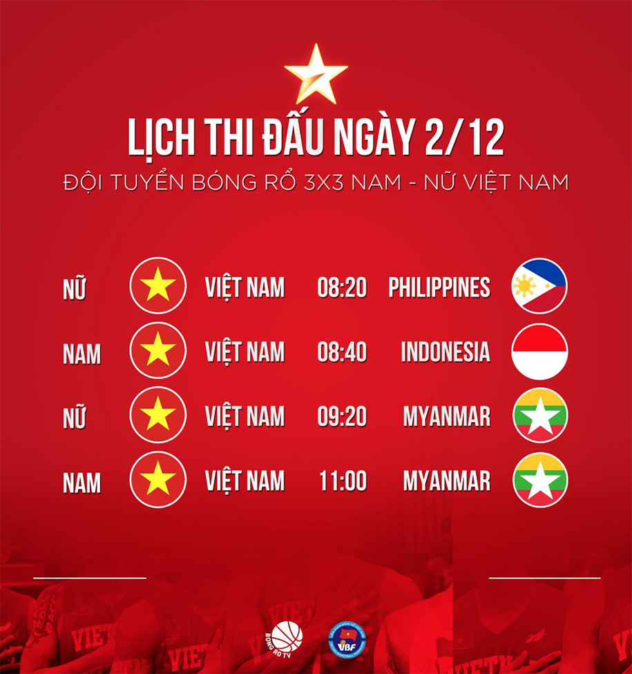 Lịch thi đấu bóng rổ 3x3 SEA Games 30 ngày 2/12: Chờ vé bán kết cho Việt Nam
