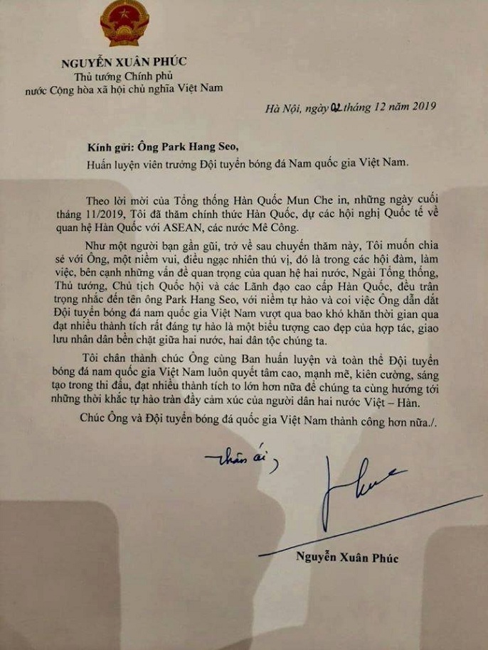 Thủ tướng Nguyễn Xuân Phúc gửi thư chúc mừng thành công của HLV Park Hang-seo và U22 Việt Nam