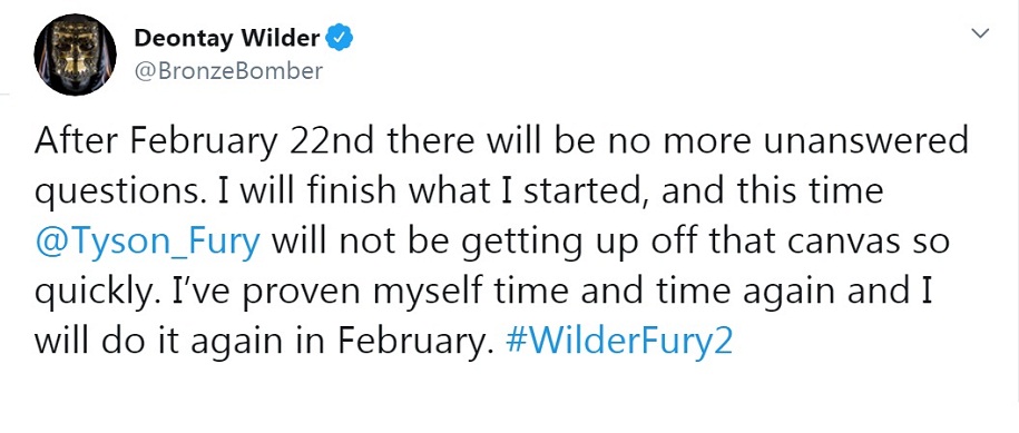 Wilder nhắn tới Fury: “Tôi sẽ kết thúc những gì tôi đã bắt đầu”