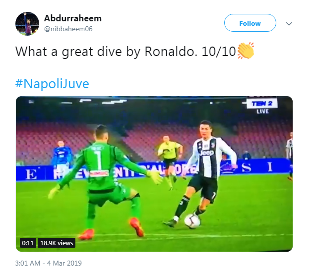 Ronaldo bị lên án diễn trò “ăn vạ” khiến thủ môn Napoli nhận thẻ đỏ