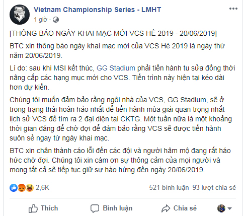 VCS Hè 2019 lùi lịch khai mạc sang ngày 20/06/2019