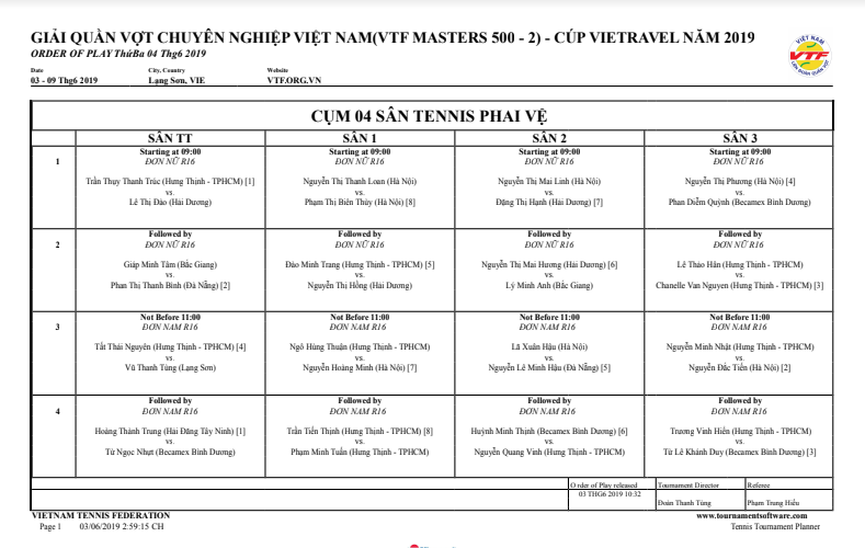 Lịch thi đấu ngày 4/6 giải VTF Masters 500 - 2