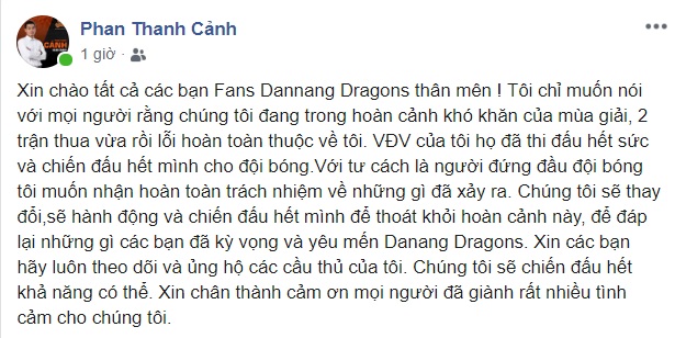 HLV Phan Thanh Cảnh viết tâm thư nhận lỗi trước thềm cuộc đón tiếp HCM City Wings