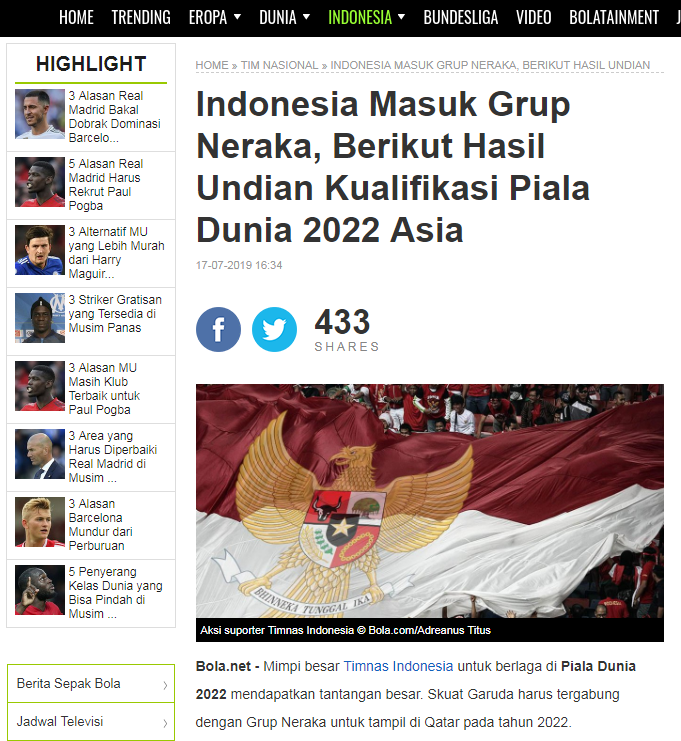 Báo Indonesia đánh giá đội nhà rơi vào bảng tử thần ở vòng loại World Cup 2022