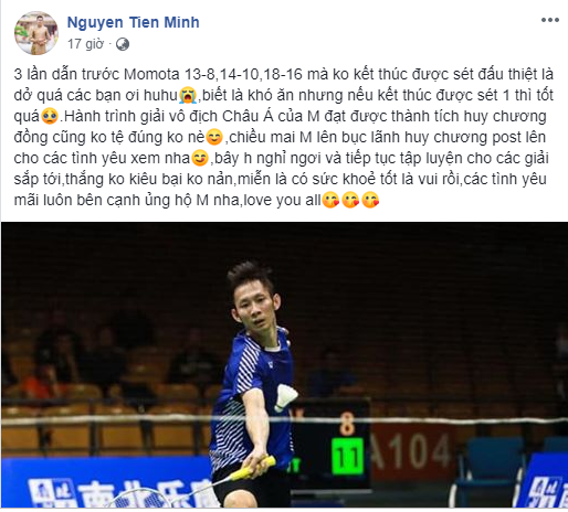 Nguyễn Tiến Minh tiếc vì thua tay vợt số 1 thế giới ở giải cầu lông vô địch châu Á