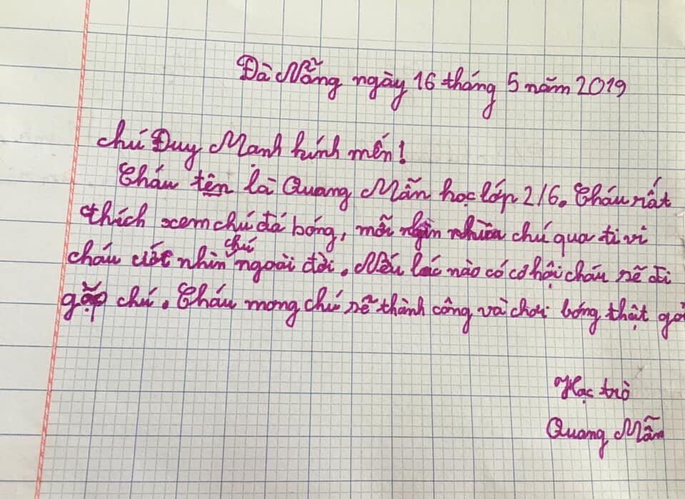 Bức thư đáng yêu của cậu bé Đà Nẵng gửi Duy Mạnh