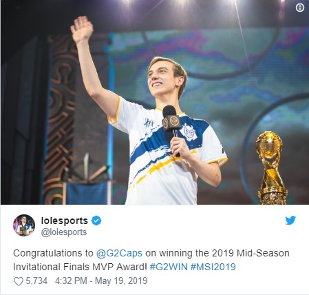 Caps nhận danh hiệu MVP trong trận chung kết MSI 2019