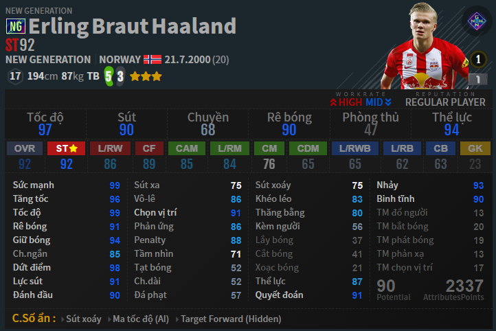 Chỉ số của Odion Ighalo, Erling Haaland trong FO4 và PES 2020