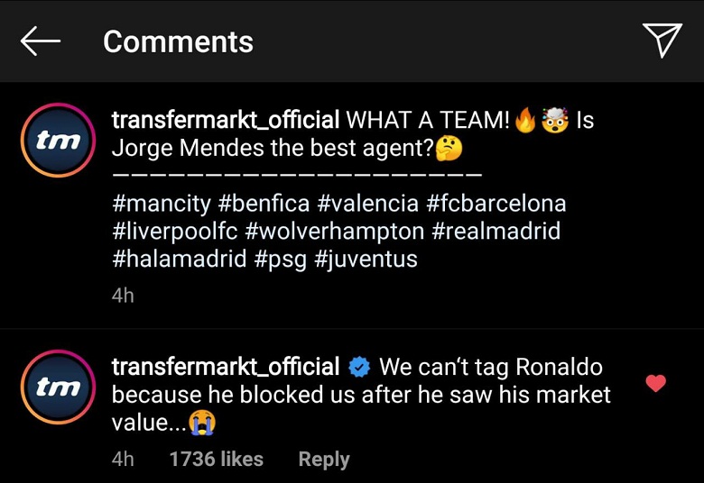 Ronaldo chặn Transfermarkt trên Instagram vì lý do khó đỡ