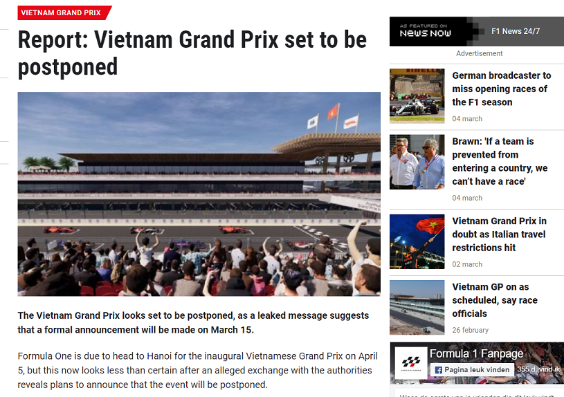 Chặng F1 ở Việt Nam sẽ bị hoãn vì COVID-19?