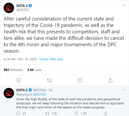 Valve quyết định hủy bỏ 2 giải Major Dota 2 của mùa giải DPC 2019-20