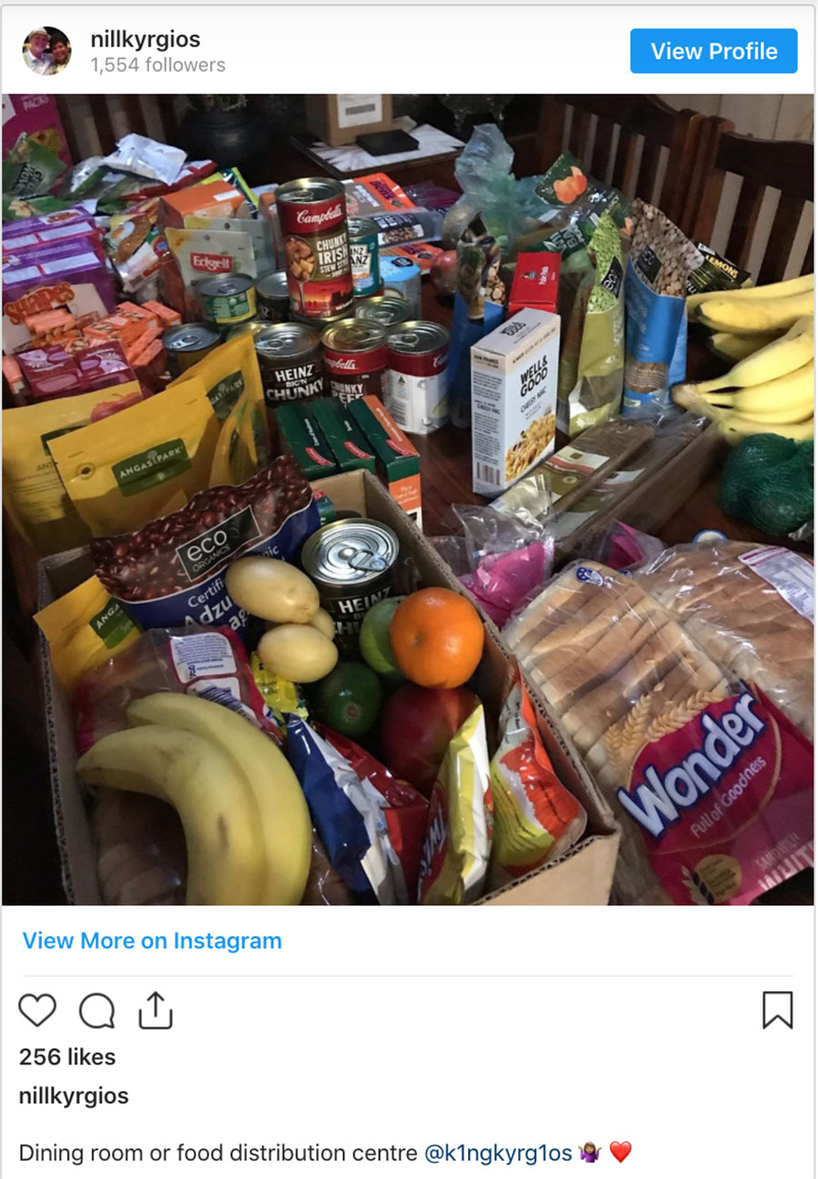Sao tennis Úc Nick Kyrgios cung cấp thức ăn cho nạn nhân COVID-19