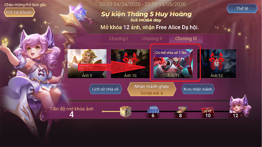 Hướng dẫn nhận Alice Dạ hội từ chuỗi sự kiện Tháng 5 Huy Hoàng Liên Quân