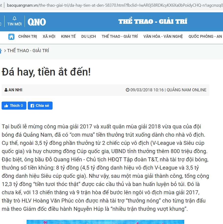 Báo Quảng Nam ca ngợi bầu Hiển của CLB Hà Nội