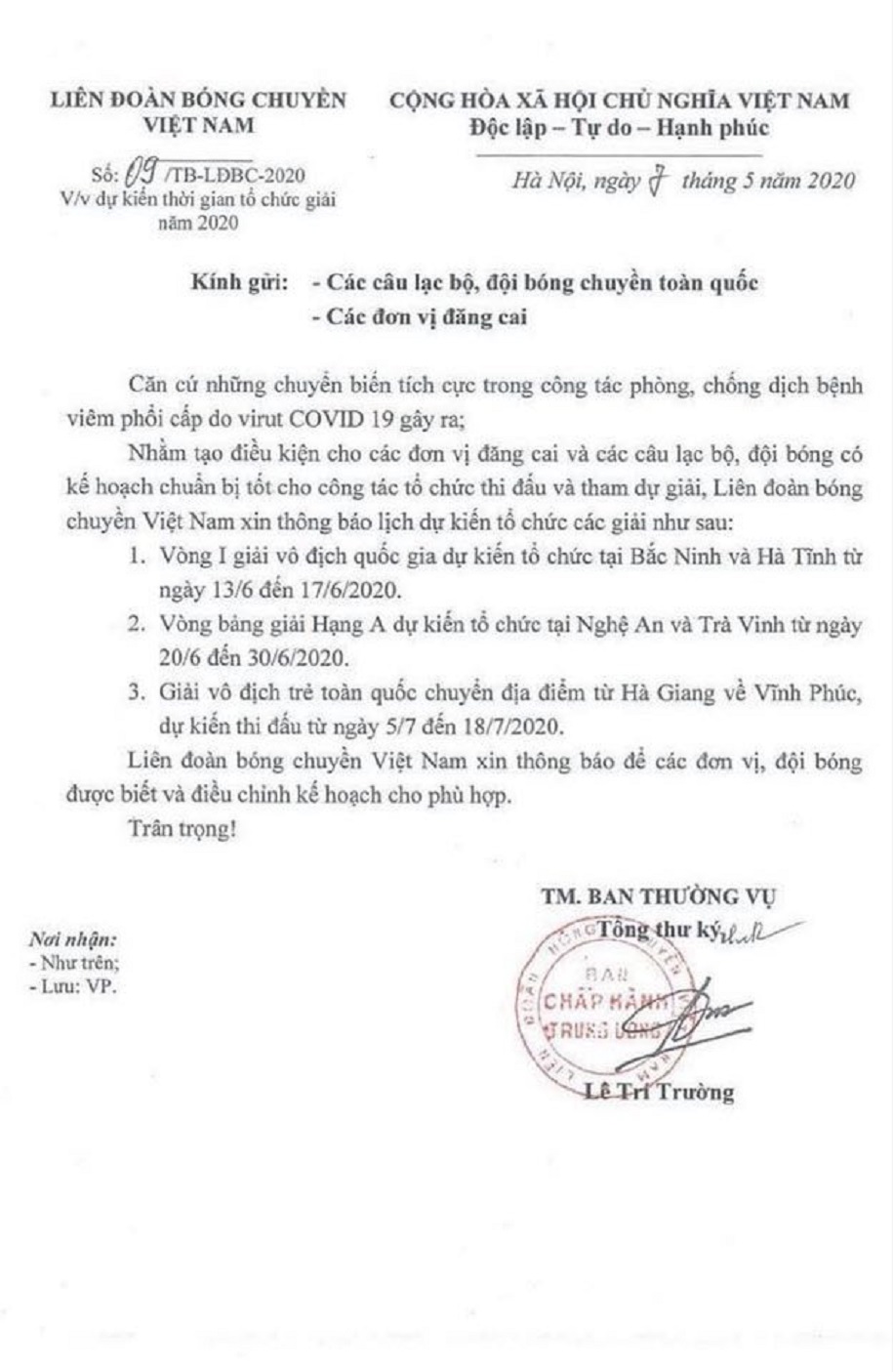 Sau dịch COVID-19, giải bóng chuyền VĐQG trở lại vào tháng 6