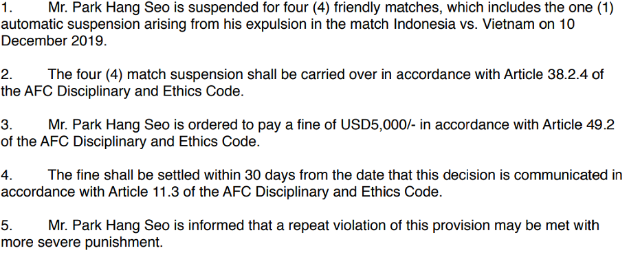 HLV Park Hang Seo nhận án phạt nặng sau chiếc thẻ đỏ ở SEA Games 30