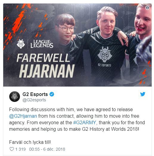 Chuyển nhượng LMHT: Hjarnan chính thức rời G2 Esports - Ảnh 1.