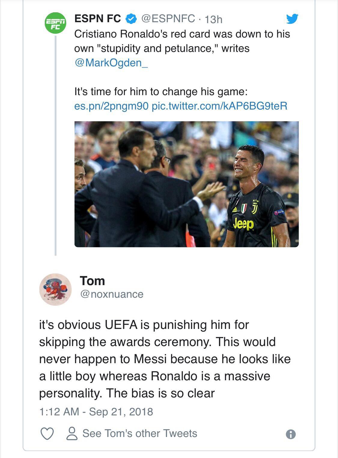 Fan tin rằng Ronaldo bị thẻ đỏ như sự trừng phạt của UEFA vì đã thất hứa? - Ảnh 2.