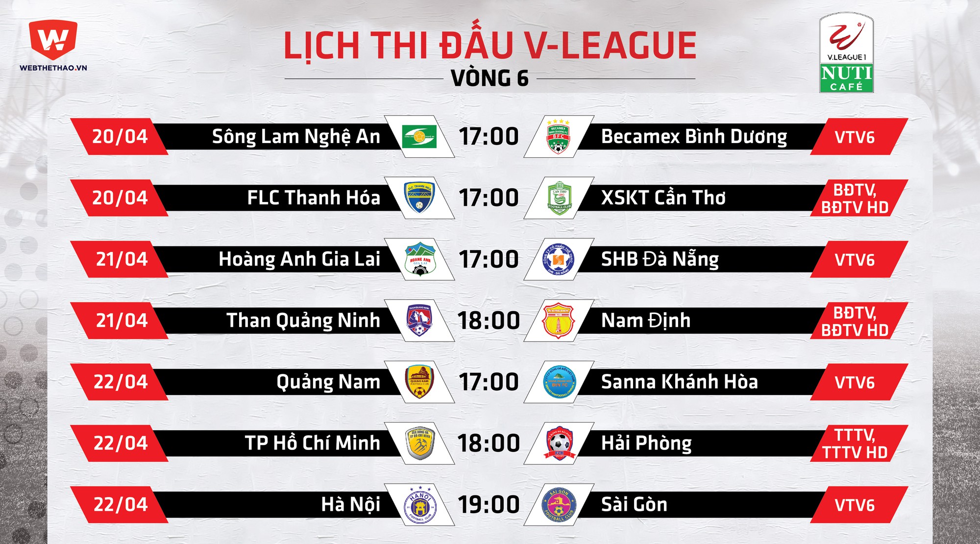 Lịch thi đấu vòng 6, V.League 2018