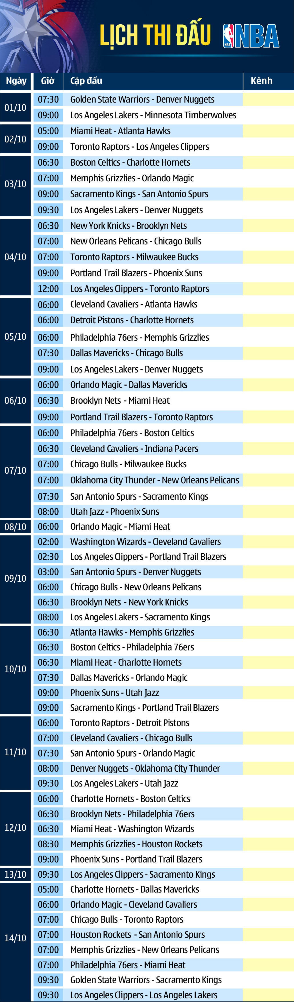 Lịch thi đấu NBA 2016/17 Pre Season