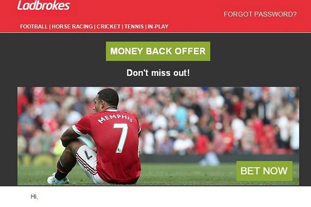 Đây là bảng quảng cáo đã được Ladbrokes gửi qua email hồi tháng 9 cùng thông điệp kêu gọi người chơi tham gia đặt cược.