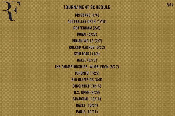 Lịch thi đấu dự kiến năm 2016 của Federer