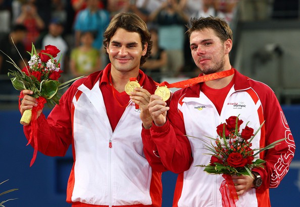 Federer với tâm HCV nội dung đôi nam tại Olympic Bắc Kinh cùng Stan Wawrinka