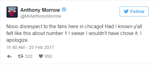 Morrow xin lỗi CĐV Chicago Bulls trên Twitter