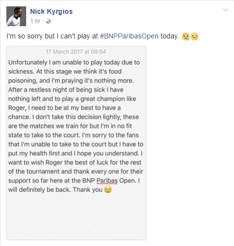 Kyrgios hy vọng người hâm mộ hiểu cho quyết định bỏ cuộc của mình