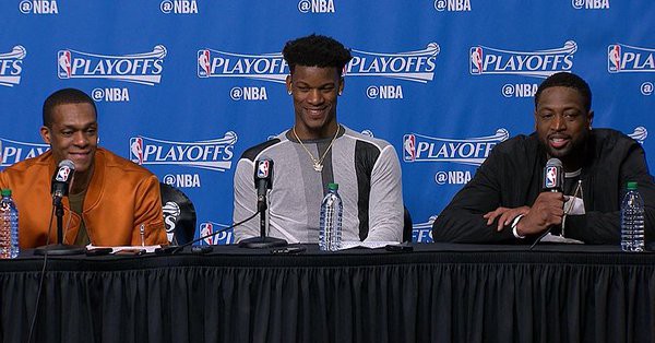 Rondo, Butler và Wade ở buổi họp báo sau Game 2 với Celtics