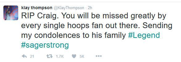 Klay Thompson: Yên nghỉ nhé Craig, ông sẽ được mọi người nhớ mãi. Xin gửi tới lời tiếc thương tới gia đình ông.
