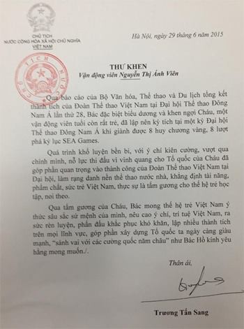 Chủ tịch nước gửi thư khen Ánh Viên